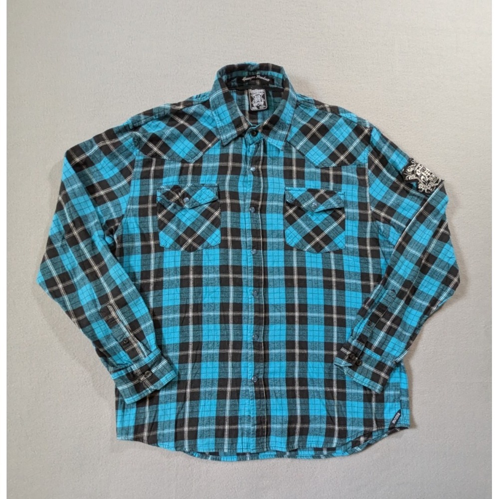 SOUTHPOLE Flannel Shirt XXL Blue Plaid Pearl Snap Flap Pockets Long Sleeve